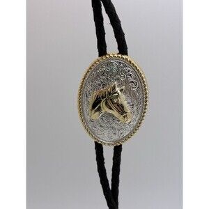 Horse Head Silver Gold Tone Bolo Tie 19 Inch Black Braided Tie